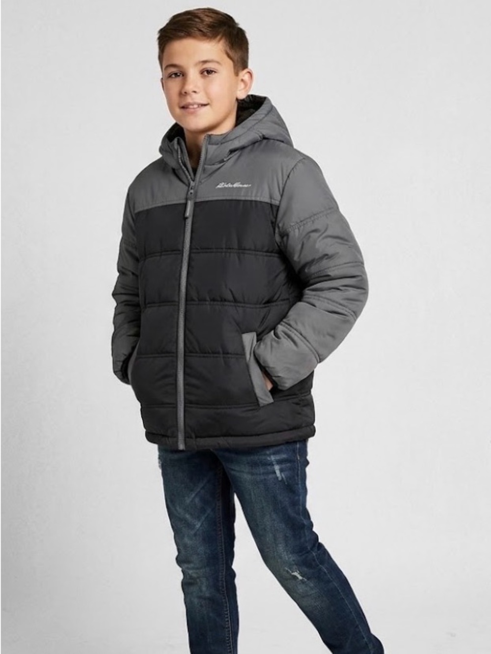 Eddie Bauer Two-Tone Gray and Black Kids Puffer Jacket
